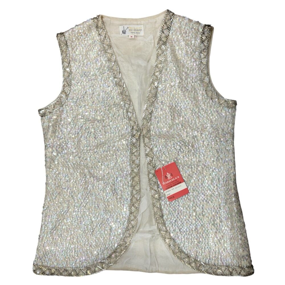 Vintage 60s Harilela’s Hand Beaded Sequin Wool Vest Hong Kong M NWT NOS Retro